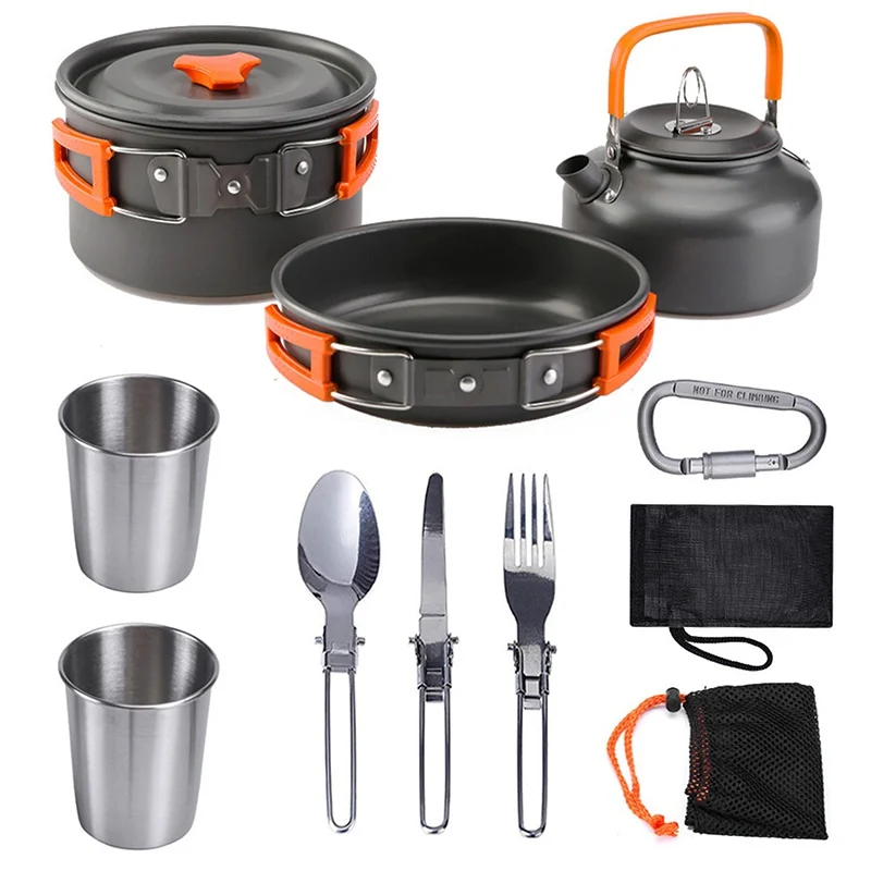 

1 Set Outdoor Pots Pans Camping Cookware Picnic Cooking Set Non-stick Tableware With Foldable Spoon Fork Knife Kettle Cup