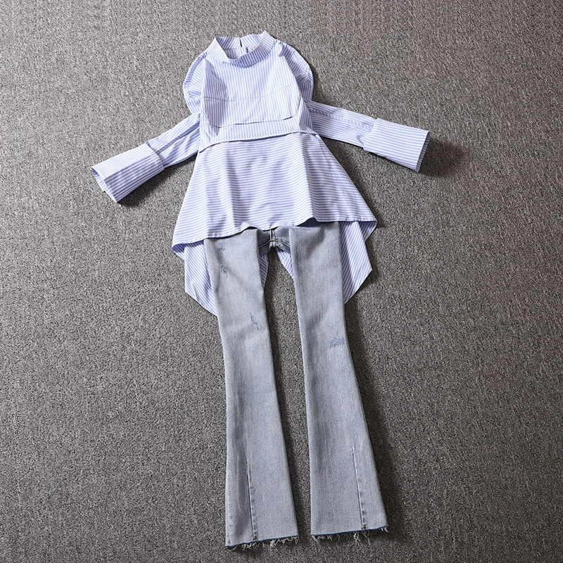 2020 summer new office lady sets two piece irregular white shirts and solid flare jeans female pants suits top quality