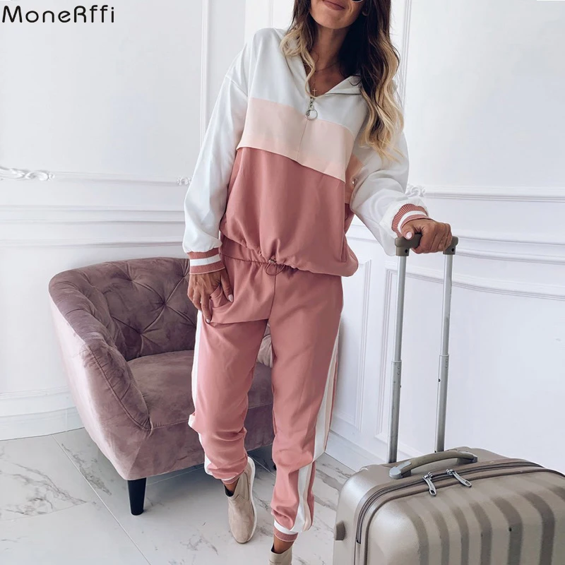 MoneRffi, повседневные свободные комплекты одежды из двух частей, полосатый лоскутный спортивный костюм, женские толстовки на молнии, толстовка+ брюки-карандаш
