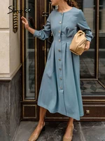 simplee vintage a line buttons women dress autumn elegant o neck blue midi dresses office lady female long sleeves solid vestido