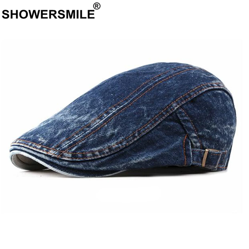 

SHOWERSMILE Washed Denim Hat Men Autumn Duckbill Hat Cabbie Cotton Striped Adjustable Ivy Cap Flat Vintage Directors Male Beret