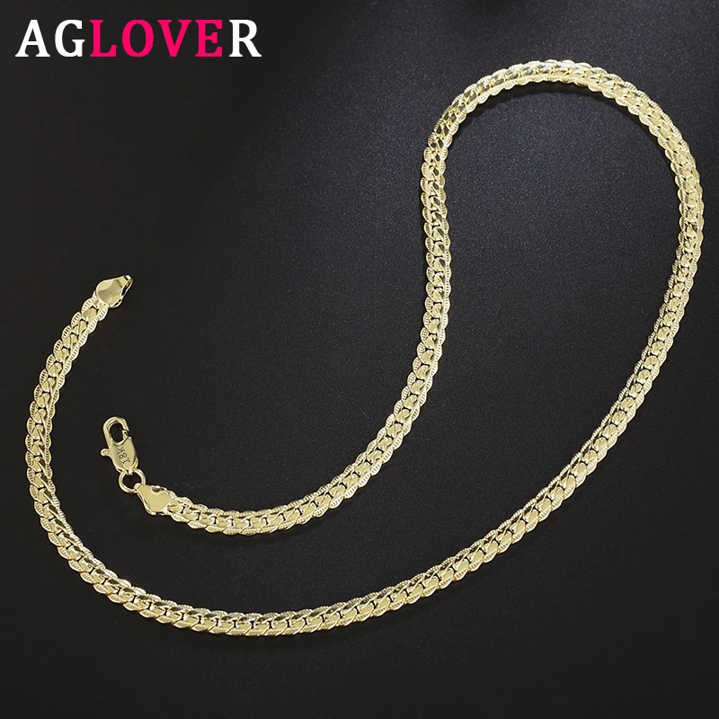 

AGLOVER 925 Sterling Silver 20 Inch 18k Gold 6mm Full Sideways Chain Necklace For Women Man Fashion Jewelry Charm Necklace Gift