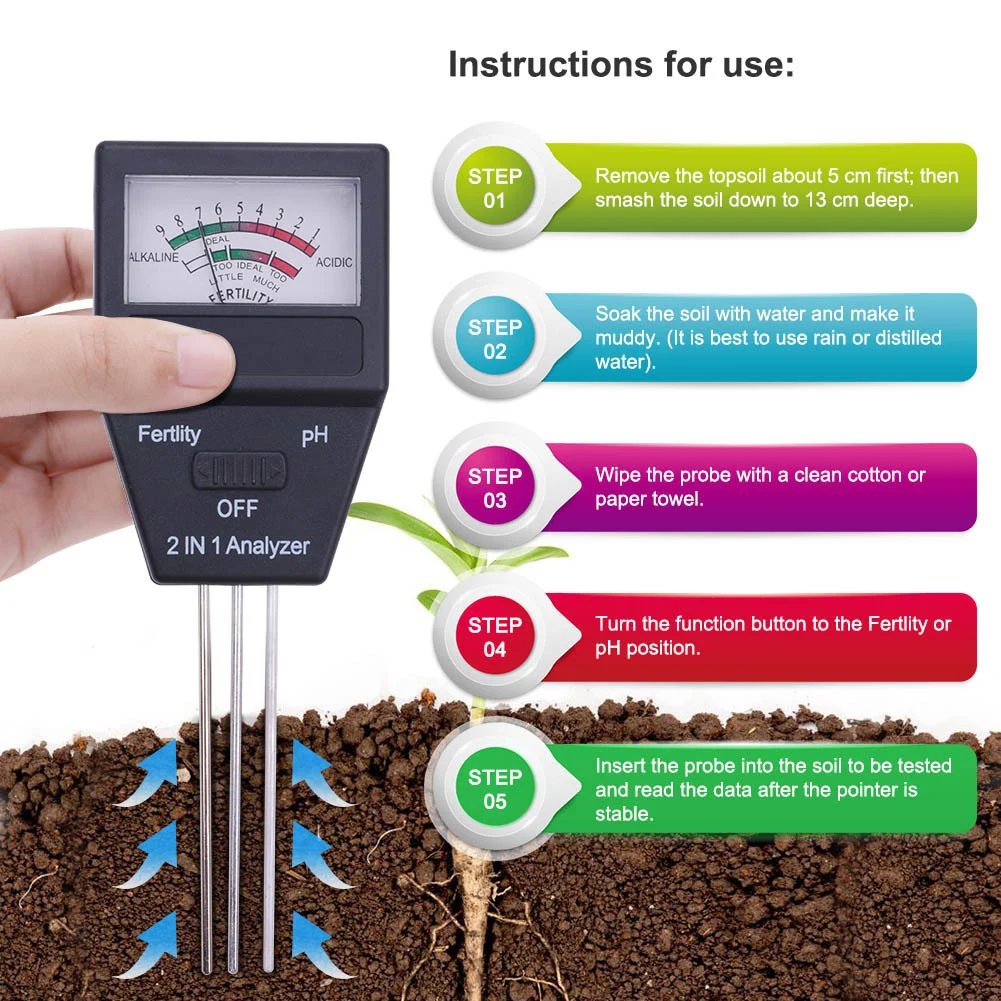 

2 in 1 Garden Soil Fertility Analyzer with Probe Gardening Plant Moisture PH Sensor Meter Flower Humidity Monitor Detector Tools