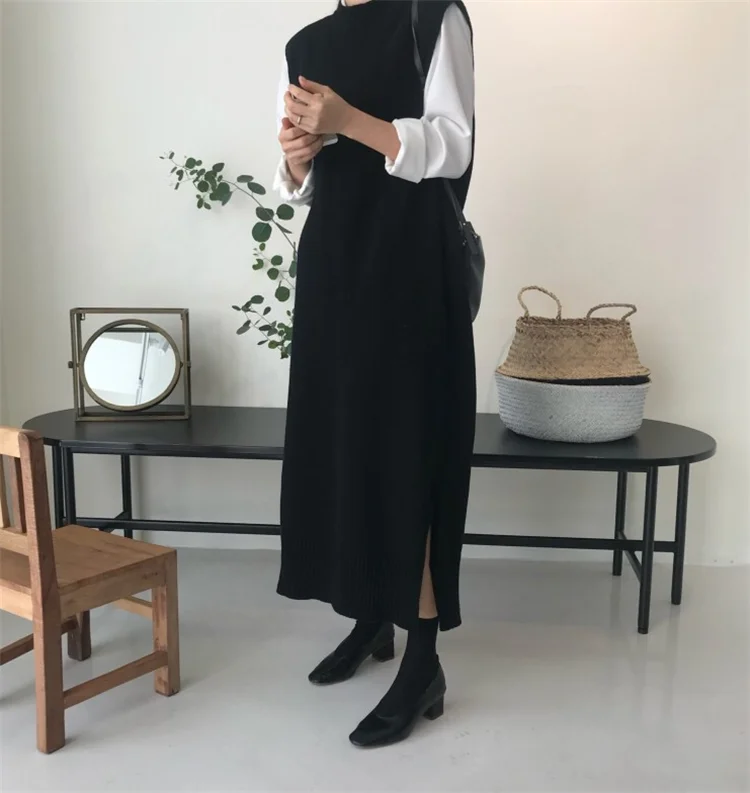 XITAO, вязаное платье с разрезом, модное, новинка, зимнее, длинное, без рукавов, прямое, маленькое, свежее, миноритарное, винтажное, пуловер, платье GCC2820