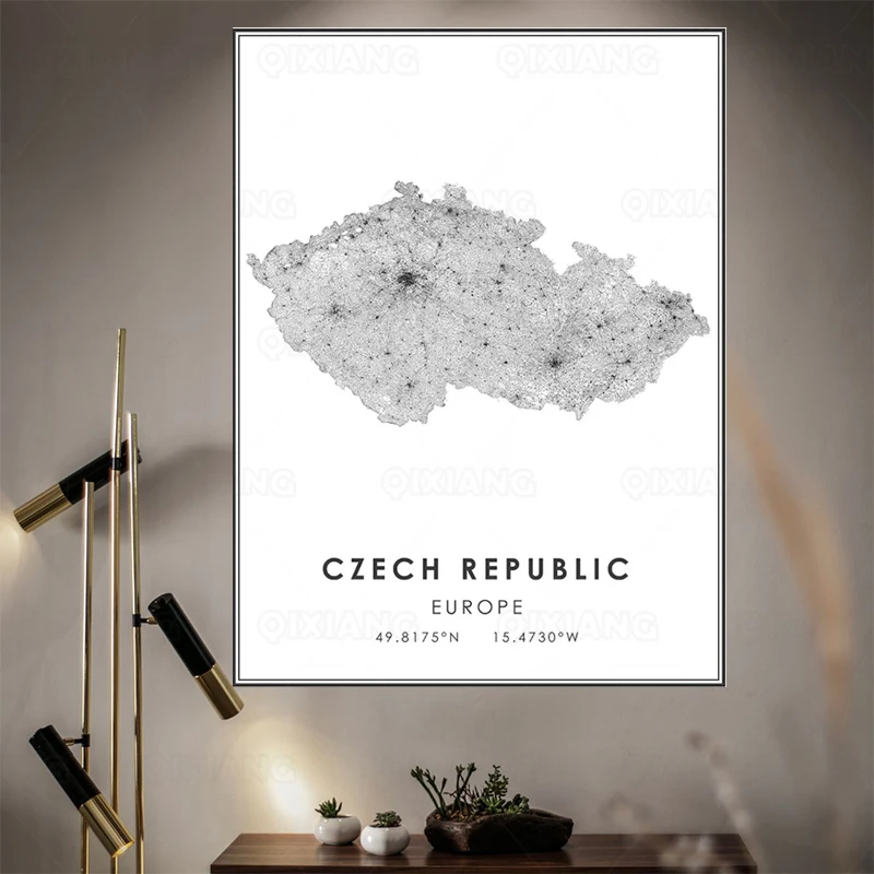 Карта городов мира постер Чешская Республика скандинавский минималистический