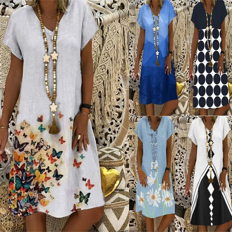 

2021 Summer Print Women Casual Loose Dress Bamboo Fiber Hemp Floral Short Sleeve Femme Vintage art V-neck Dresses