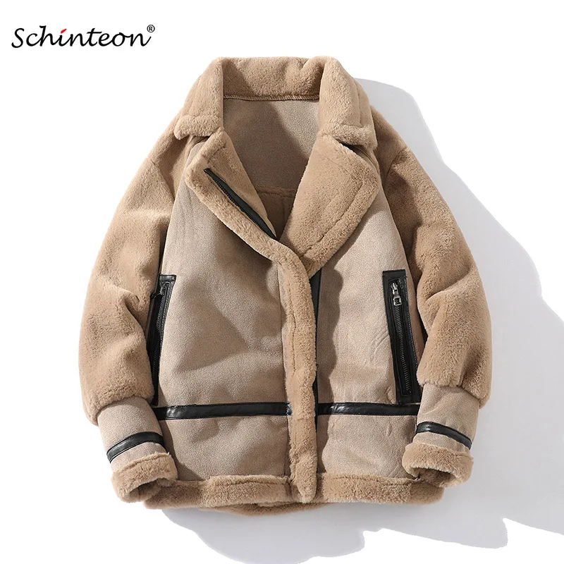 

Schinteon Men Japan Style Suede Leather Jacket Winter Warm Outwear Faux Lamb Wool Fur Motorcycle Bike Coat Turn-Down Collar New