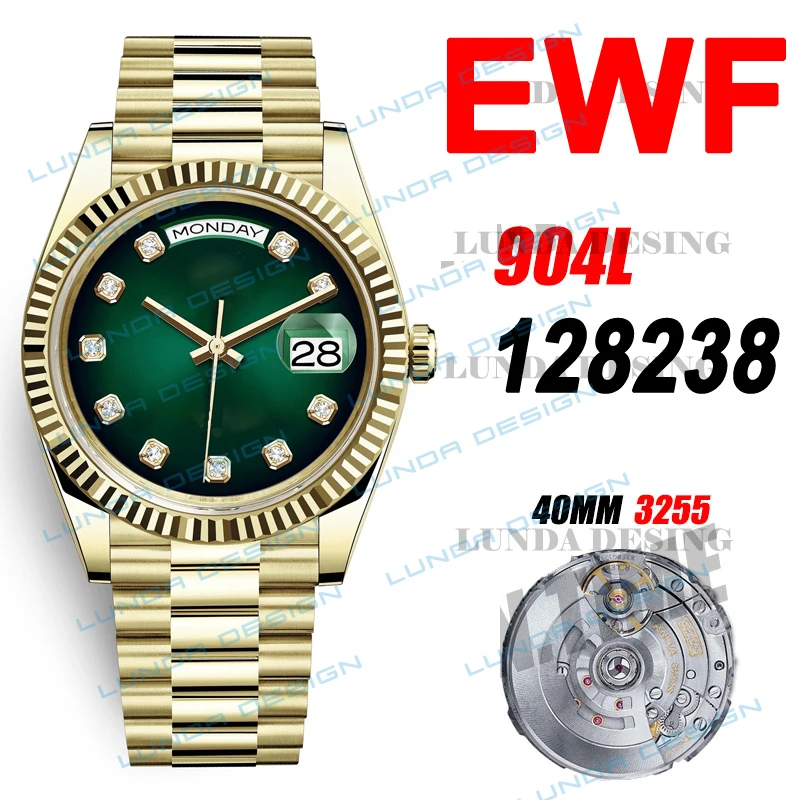 

EW 1:1 Best Edition Men's Luxury Watch Date 36mm 40mm 128238 Green Dial Roman Markers on RG Bracelet Cal 3255 Movement