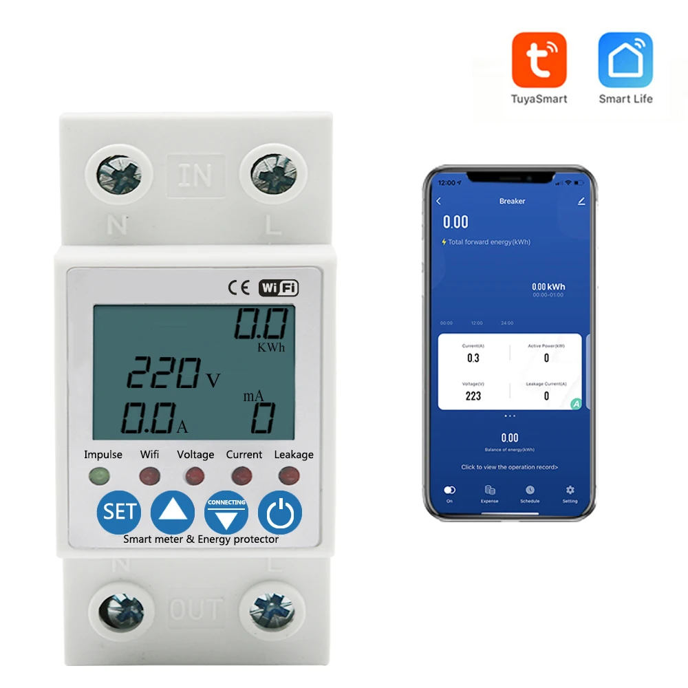 2P 63A TUYA APP WiFi Smart Circuit Earth Leakage Over Under Voltage Protector Relay Device Switch Breaker Energy Power kWh Meter |