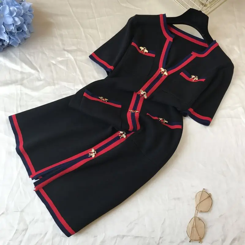 ALPHALMODA мода пчелы полосатый дамы элегантный короткий рукав вязание платье