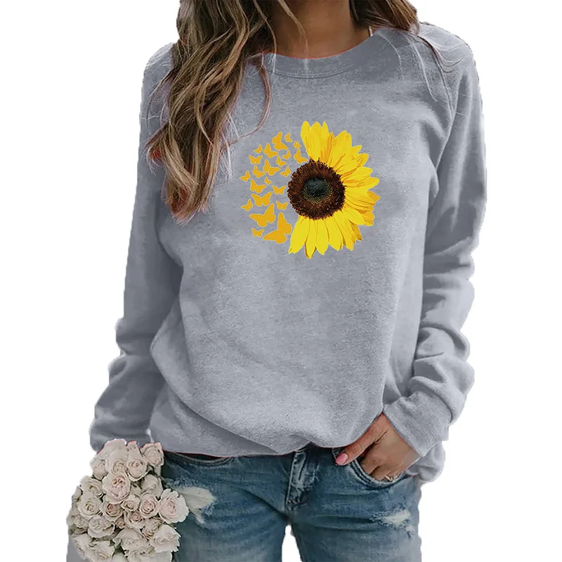 

New Sunflower Printed Sweatshirts Kawaii Hoodies Women Plus Size Fashion Spring Autumn Pullovers O-neck Long Sleeve Casual Tops