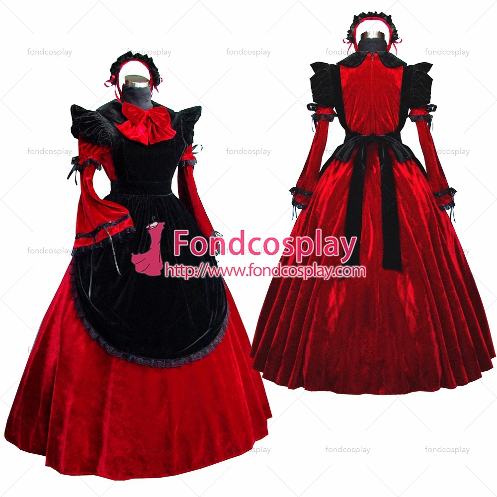

fondcosplay adult sexy cross dressing sissy maid long Dress Red Velvet Lockable Uniform black apron Costume Custom-made[G520]