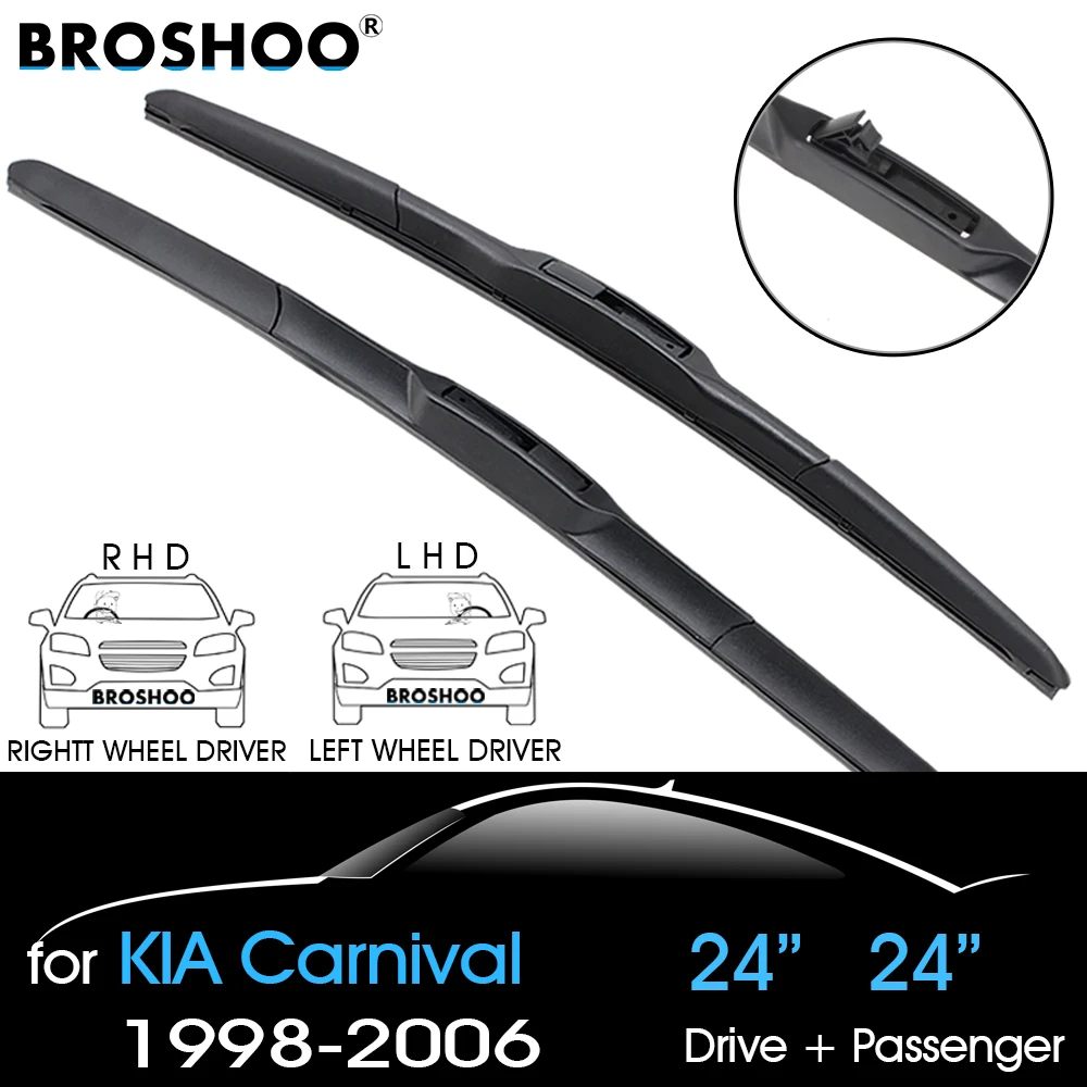 

BROSHOO LHD/RHD Car Front Windscreen Wipers Blade 24"+24" For KIA Carnival Year 1998-2006 Fit U Hook Arm Auto Accessories