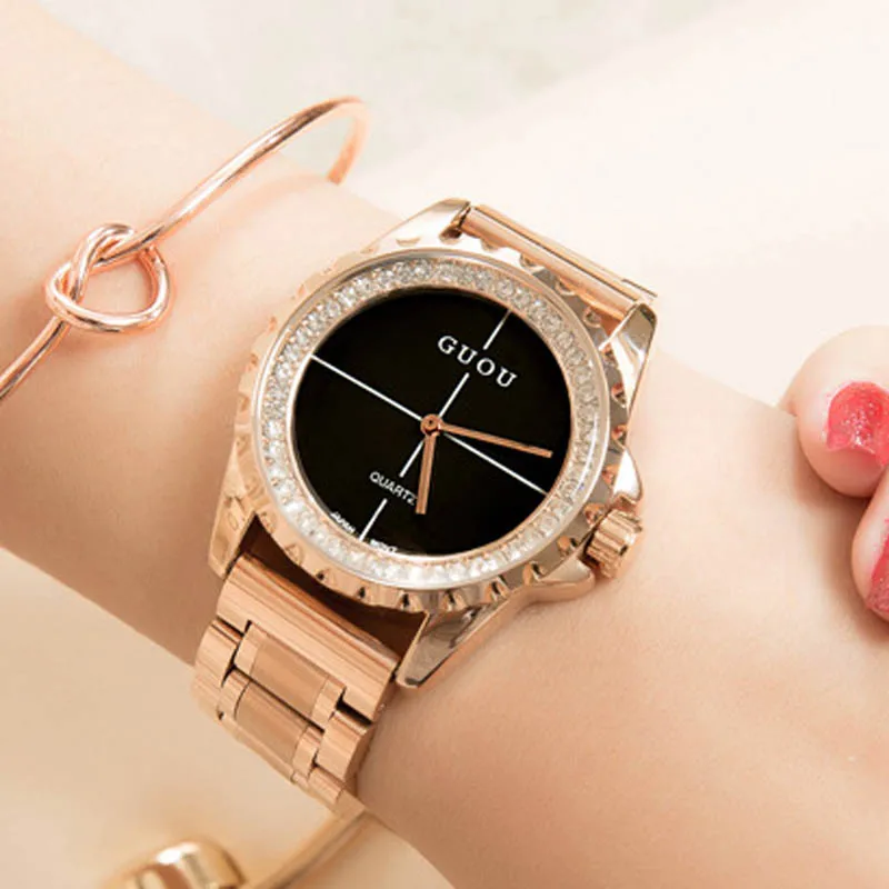 

2019 Guou Brand Woman Lady Wrist Watch Clock Crystal Simple Women Classic Luxury Golden Steel Female Ladies For Relogio Feminino