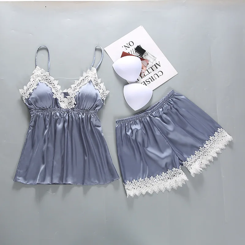 

2Pcs Lace Sexy Pajamas Set for Women Summer Sleepwear Suspenders Top and Shorts Pajamas Set Mujer