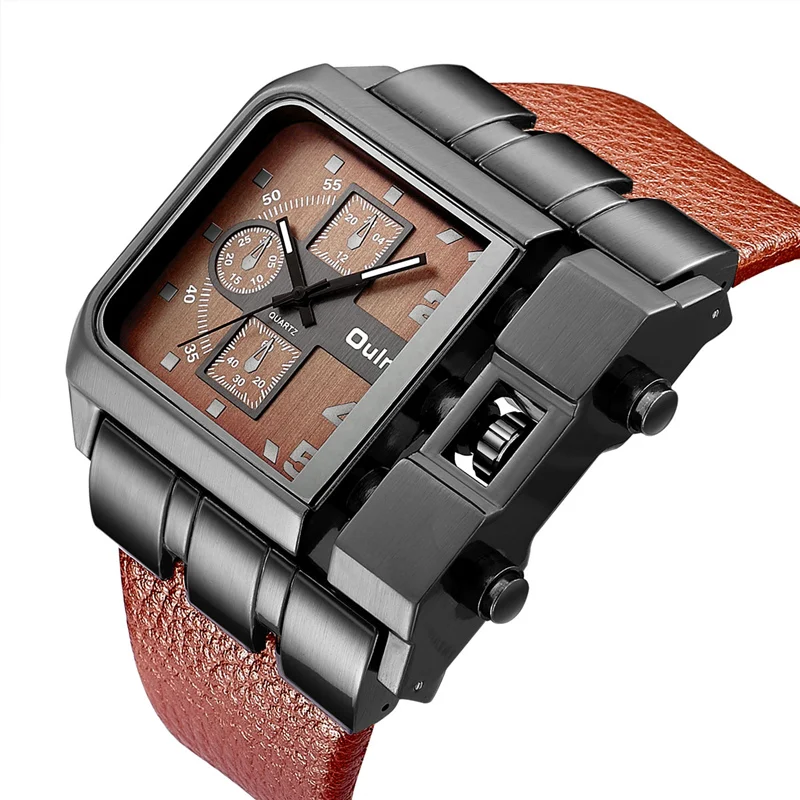 

OULM Brand Original Unique Design Square Men Wristwatch Wide Big Dial Casual Leather Strap Quartz Watch Male Sport Watches