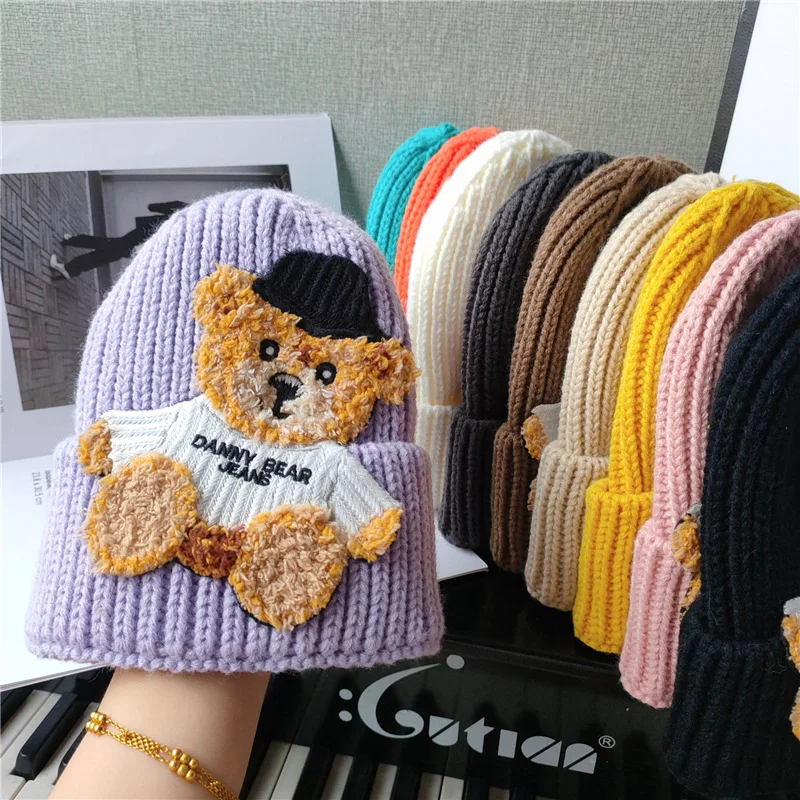 

Cartoon Hat Solid Color Women Men Winter Kids Little bear Knitted Hats Children Warm Beanies family Caps For Couples