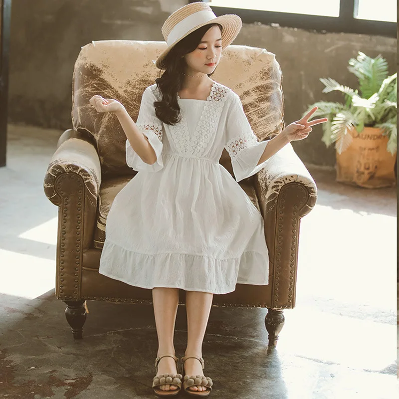 

Girls 2021 New Pure Cotton Side Princess Dress Big Children's Dress Spring and Summer Jacquard Sleeves and Big swing dress