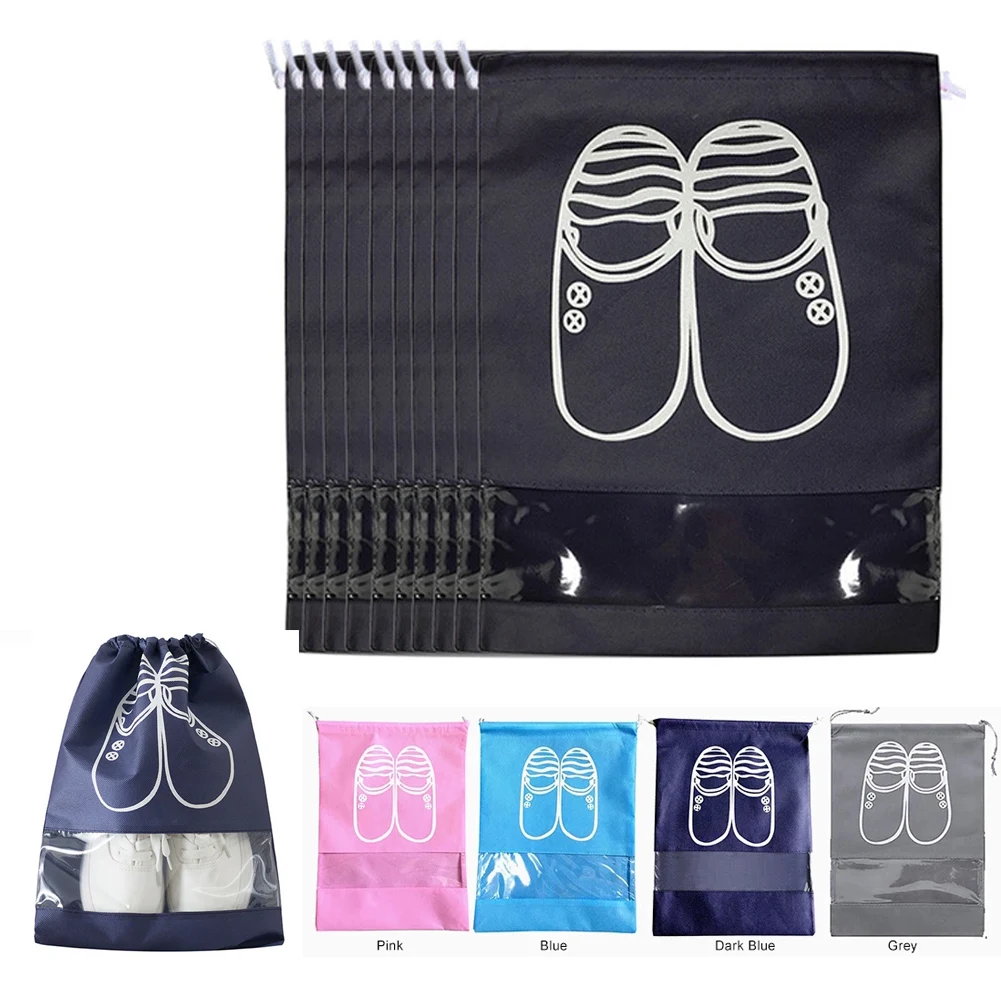 

10 Pcs of Travel Shoe Ba Portable Transparent Household Dustproof Storage Shoe Bag Non-woven Fabric with Drawstring Sneaker Bag