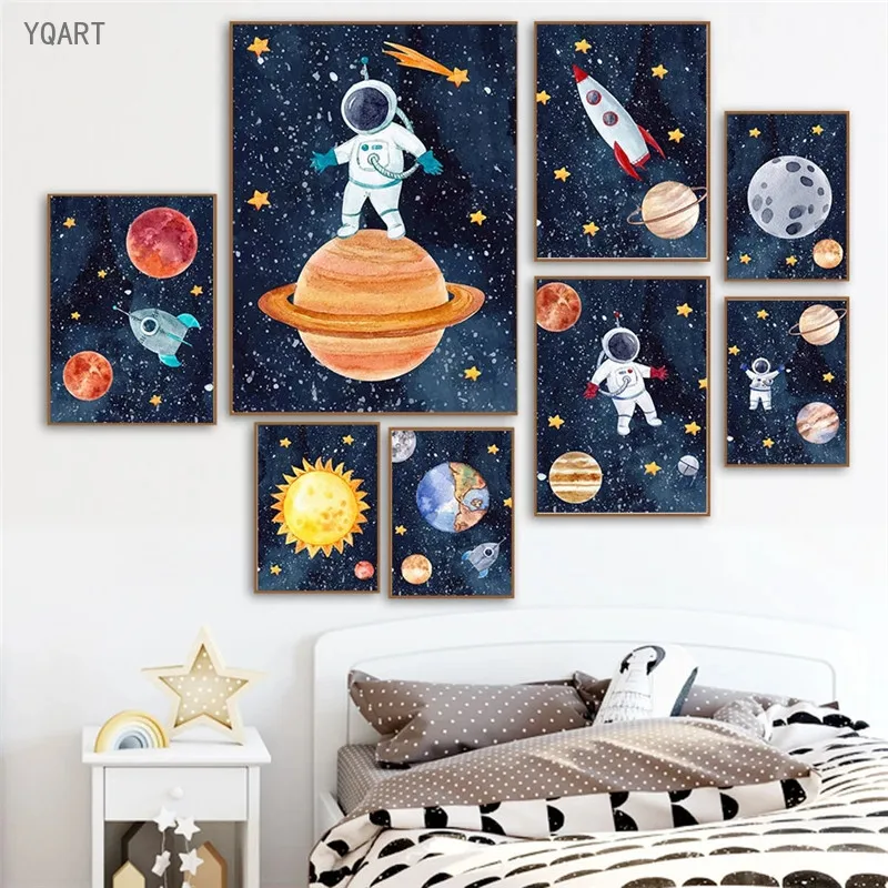 

Kids Nursery Room Wall Decor Planets Rocket Spaceship Number Letter Canvas Paintings Nordic Posters and Prints Wall Pictures