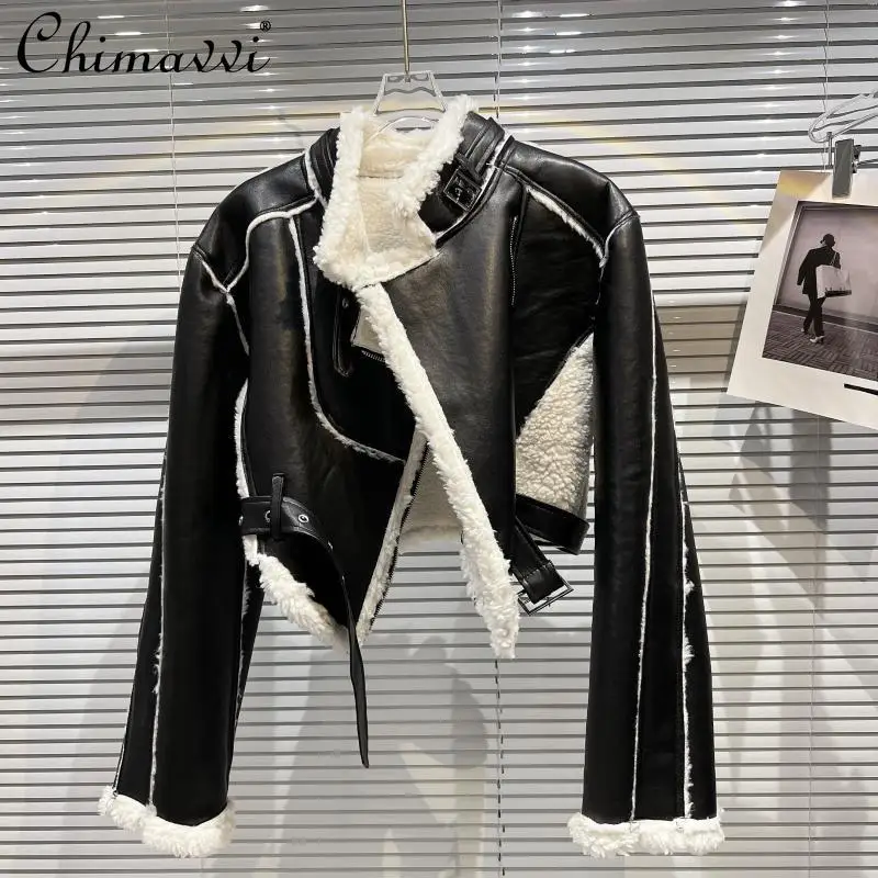 

Women Black Short Pu Leather Jacket 2021 Winter Fur Motorcycle High Street Leather Coat Female Long Sleeve Casual Overcoat