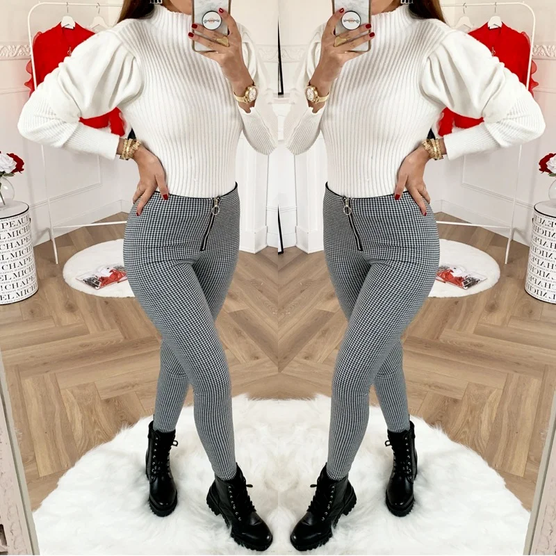 

Женские облегающие брюки с высокой талией, модные обтягивающие брюки в клетку на молнии, женские элегантные длинные брюки-карандаш, 2023