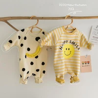 2021 autumn new baby cartoon smiley romper infant long sleeve cute dot jumpsuit winter thicken plus velvet newborn clothes