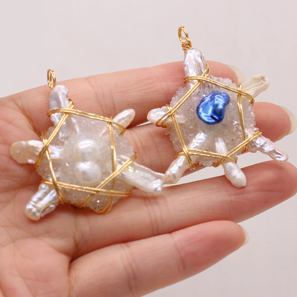 

2021New Natural Semi-precious Stone Small Turtle-shaped Inlaid Pearl Crystal Buds Multi-color Pendants MakingDIYNecklace Jewelry