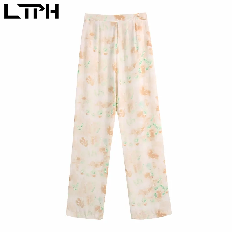 

LTPH vintage tie-dye chiffon Outfits two piece set women loose pocket shirt straight trousers Casual Pant Sets 2021 summer new