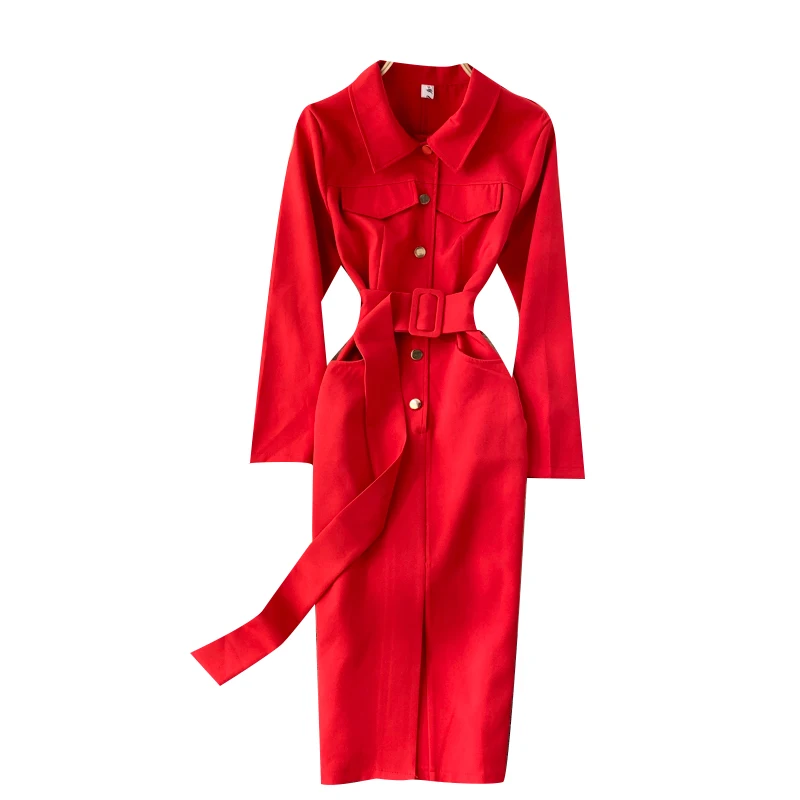 

Korean Chic Women Dress Autumn Retro Turn-down Collar Button Slim Dresses Design Fashion Sexy Split Streetwear Dress