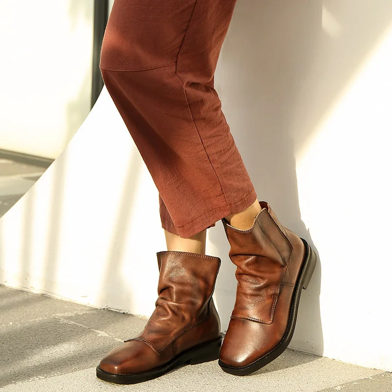 

2020 сапоги женские модные короткие сапоги в британском стиле с квадратным носком средней высоты женские удобные сапоги на липучке с перекре...