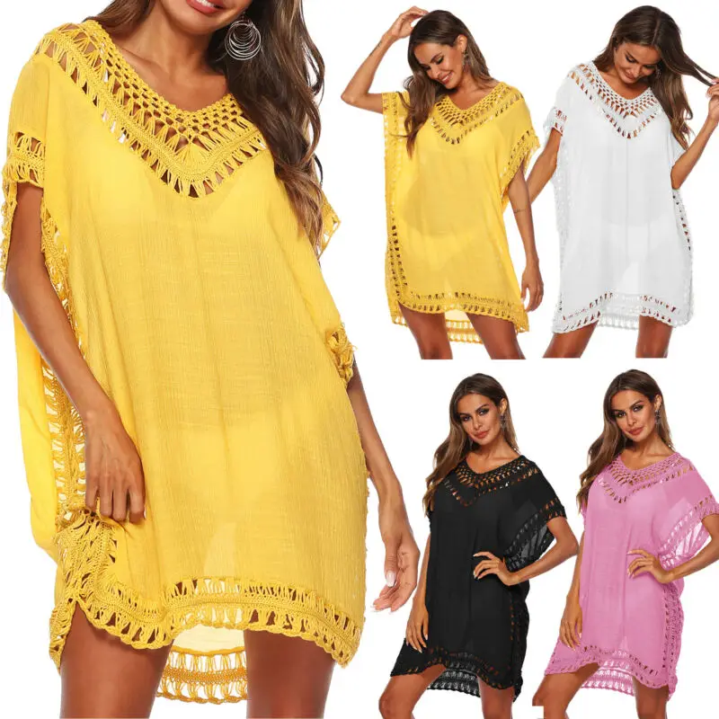 

2020 Summer Sexy Women Loose Tunic Solid Bikini Cover UP Swimsuit Beachwear Swimwear Hollow Out Female Beach Dress Robe 4 Colors