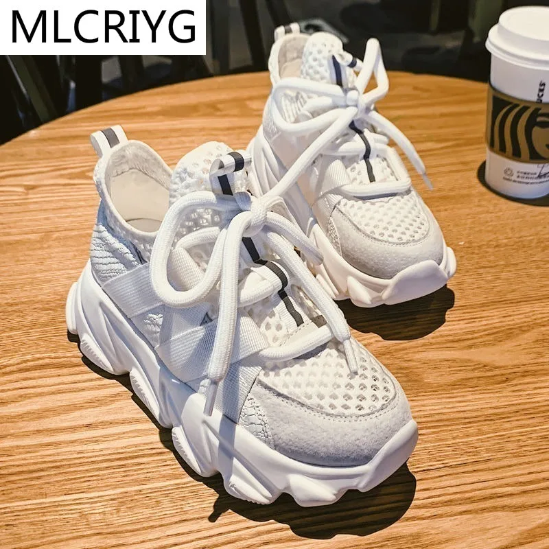 

2021 Fashion Women's Shoes Comfortable Breathable Mesh Casual Shoes Autumn Woman Solid Color Lace-up Non-slip Platform Sneakers