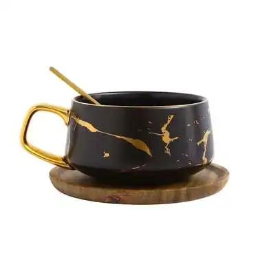 black cup Креативные свежие в скандинавском стиле мраморные матовые керамические золотистые чайная, кофейная кружка с деревянной крышкой лоток подарок - Цвет: black cup
