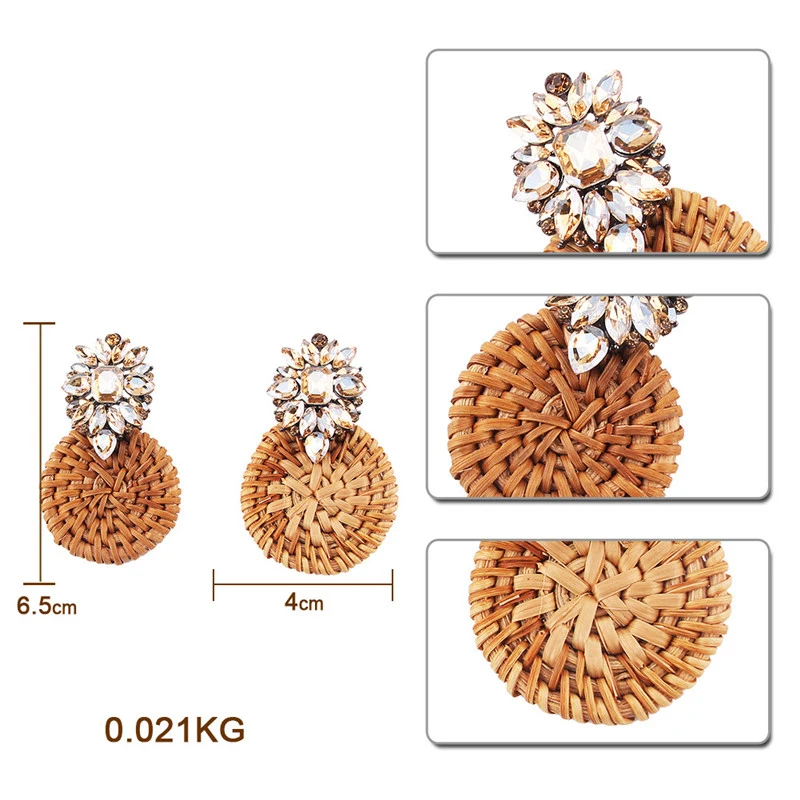 

Bohemian Handmade Rhinestone Straw Braid Round Earrings For Women Luxury Geometric Colorful Crystal Earrings Party Jewelry