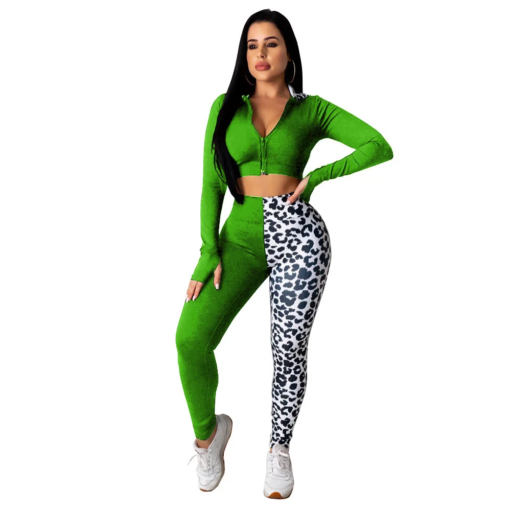 

New Arrival Women Sets Solid Patchwork Leopard Printing Hooded Collar Long Sleeve Zipper High Waist Bodycon Pencil Pants Outfits