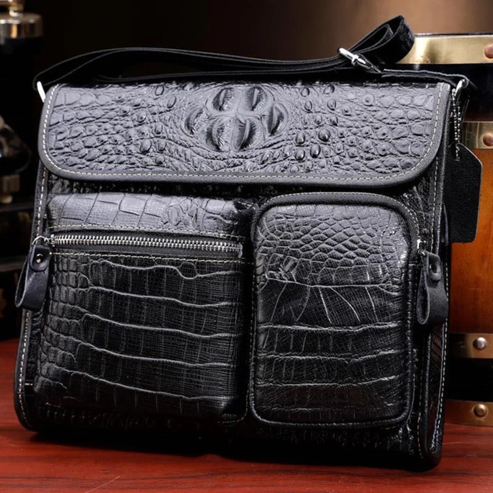 Men genuine leather business handbag cowhide crocodile pattern briefcase shoulder messenger bag horizontal casual storage bags