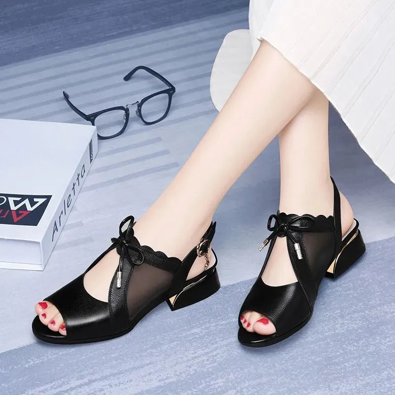 

Fashion Peep Toe Ladies Sandals Retro Slip On Comfort Square Heel Office Shoes Black Sexy Mesh Breathable Buckle Strap Heels