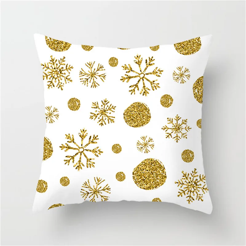 Белая наволочка в золотую полоску со звездами и снежинками декоративная для