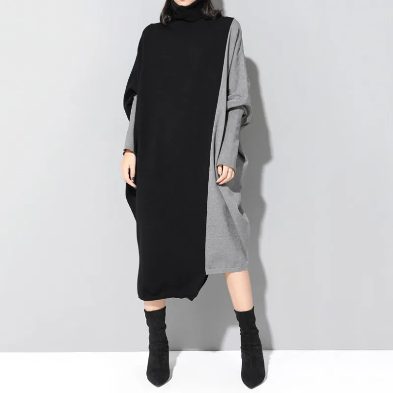 

Long Dress Casual For Women 2022 Original Design Contrast Color Patchwork Maxi Dresses Batwing Long Sleeve Turtleneck Oversized