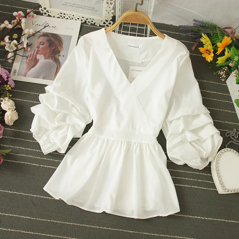 

2021 Summer Women V-Neck Puff Sleeve Ruffles Pleated Shirt Lady Elastic Bandage Strap Belt Slim Waist Pullover Chic Blouse Tops