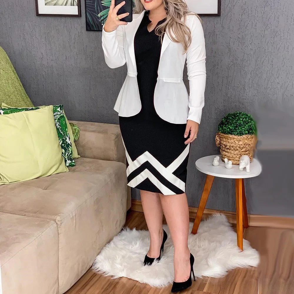 Модная одежда 2 предмета женские комплекты офисный белый блейзер пиджак пальто