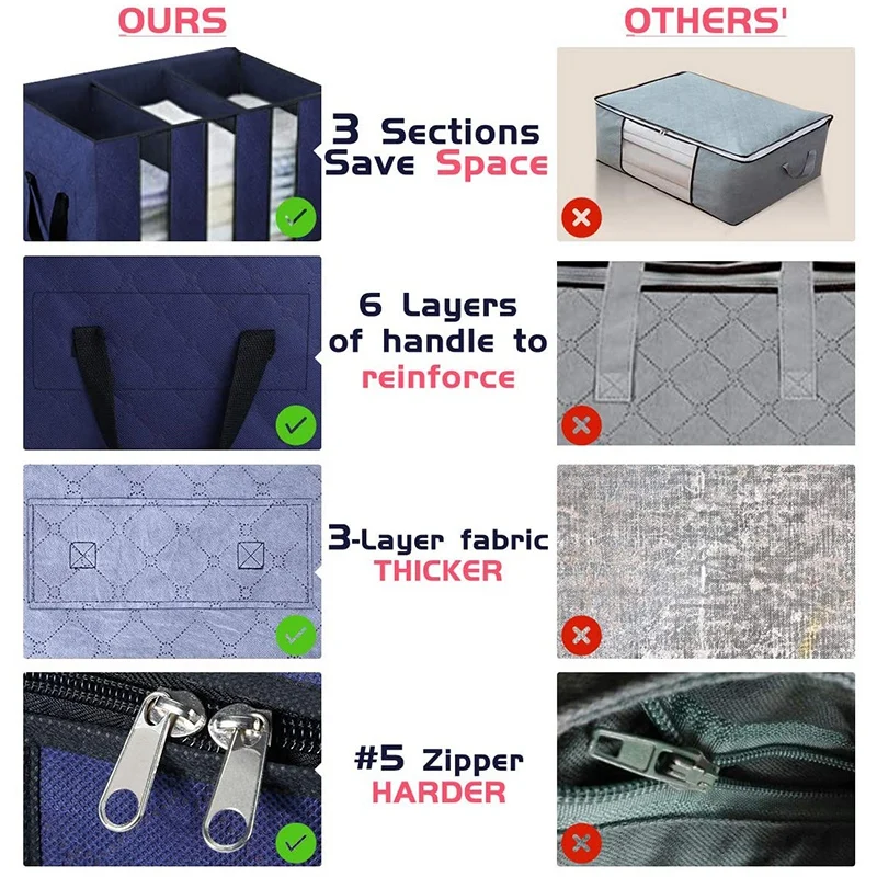 

Clothes Storage Bags, 3 Divided Sections, Pack of 2 Large Capacity Clothes Organizers with Thick Reinforced Handle