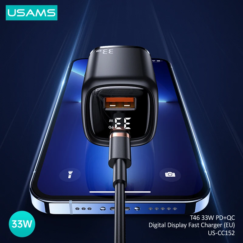 USAMS QC PD 33 Вт Быстрое зарядное устройство с цифровым дисплеем для iPhone Samsung Huawei