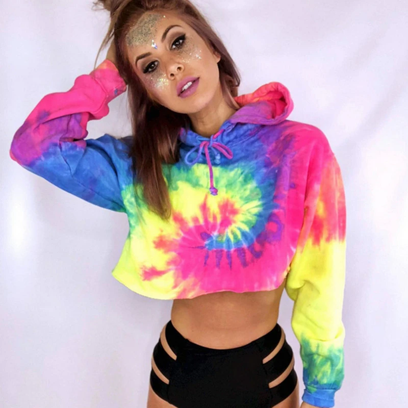 

Women Tie-Dye Hoodie Long Sleeve Hooded Short Sweatshirt with Drawstring Hat Casual Pullover Colorful Gradient Printing Hoodie