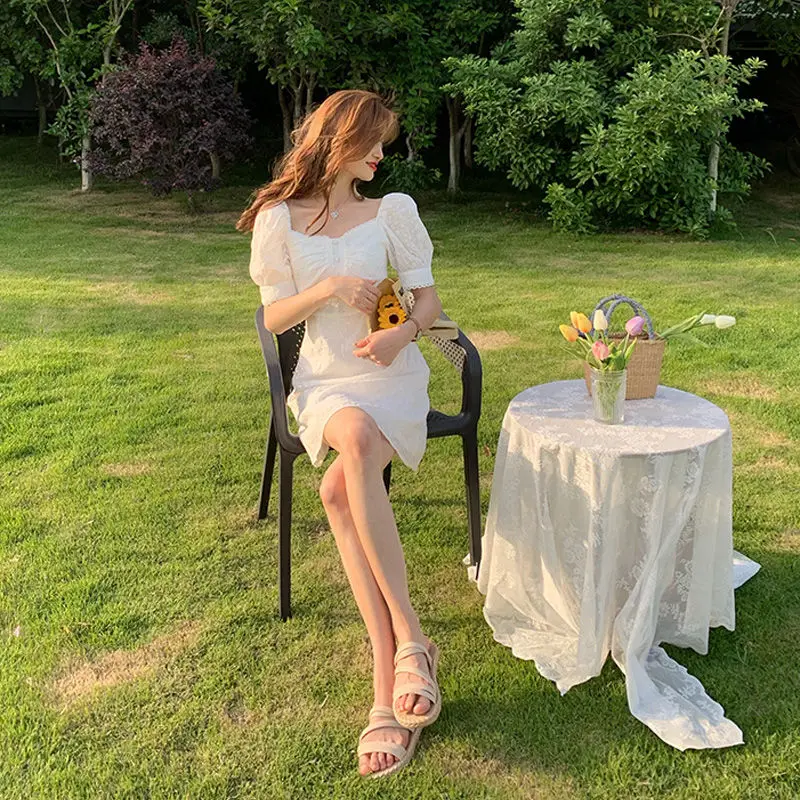 

Square Collar Elegant Vingate Dress Women Puff Sleeve Casual Floral Dress One Piece Dress Korean 2021 Summer Chic Button Design