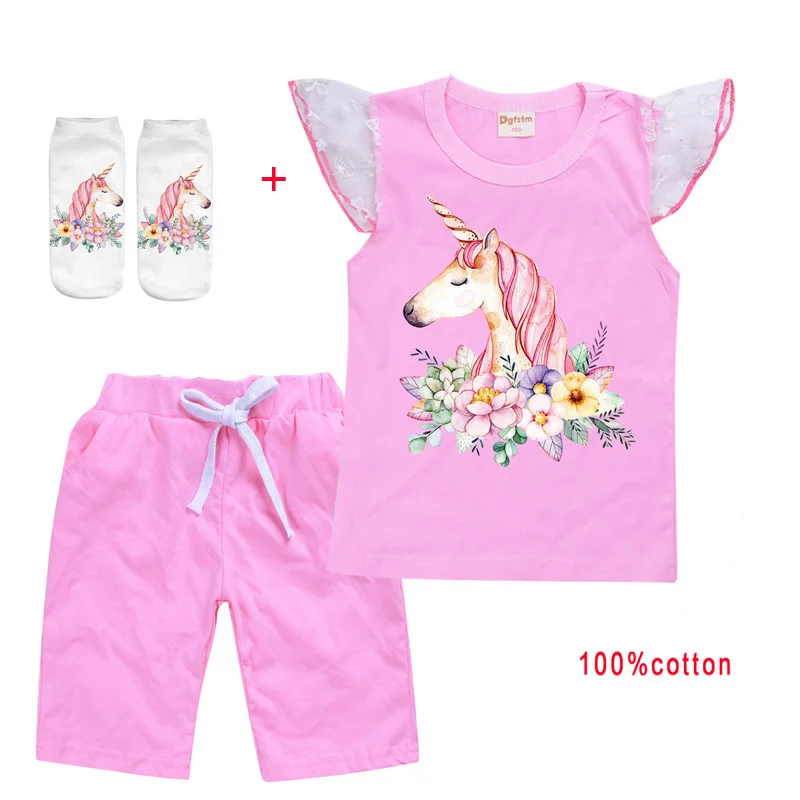 

Kids Girl Short Sleeve Unicorn T Shirt+short Pant and Sport Sets Summer Child Clothing Princess costume Summer Clothes Suits