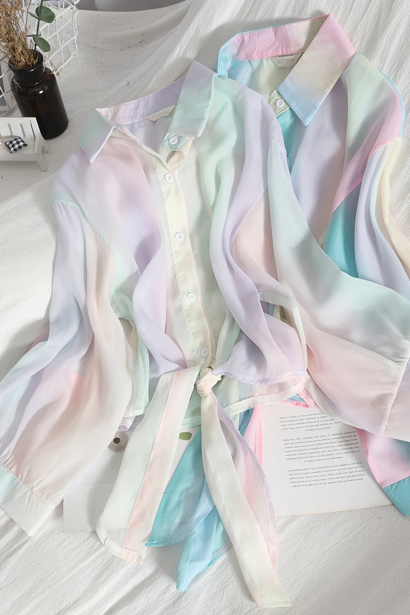 

Knotted Polo-Neck short girl rainbow color chiffon shirt summer new gentle breasted top cardigan sunscreen shirt tops trend
