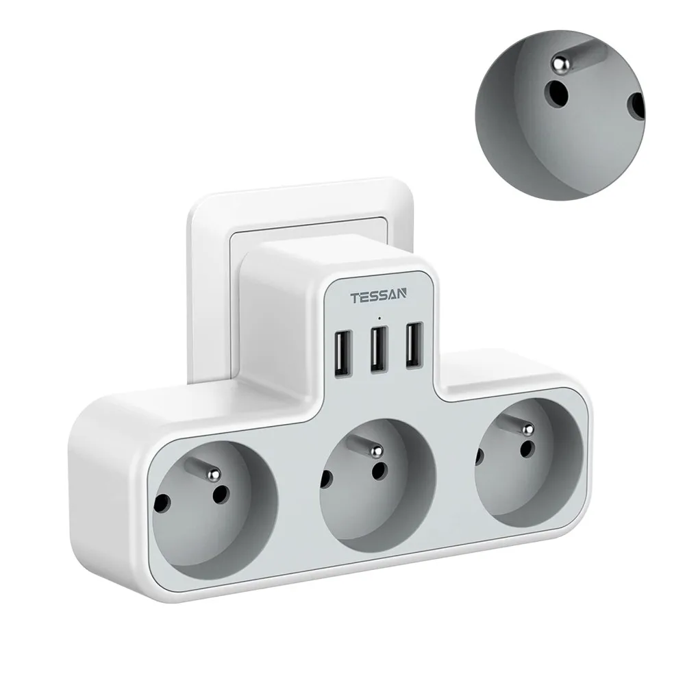 

TESSAN 6 in 1 USB Multiple Mains Socket Extend Power Strip with 3 French Sockets & 3 USB Ports (3A) Wall Charger Travel Adapter