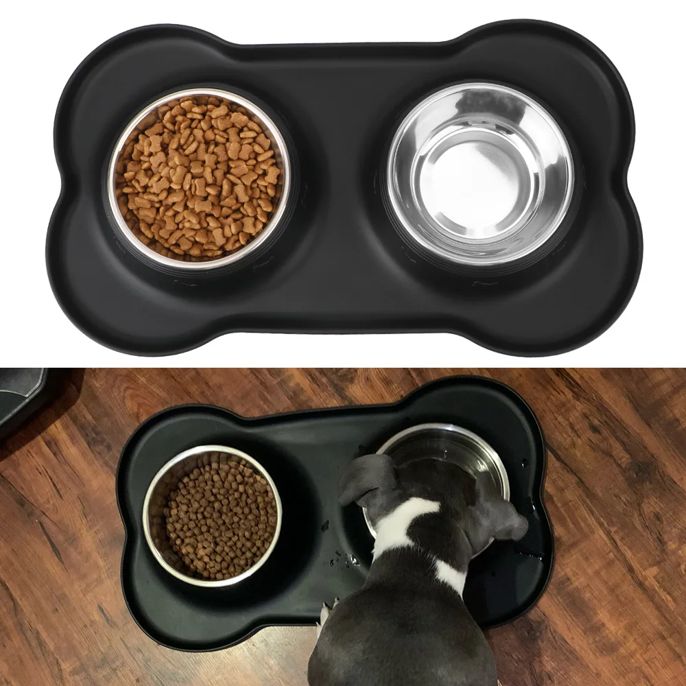 

Drinking Water Food Feeder With Silicone Mat Durable Pet Feeding Bowl Stainless Steel Antislip No Spill Double Dog Bowl